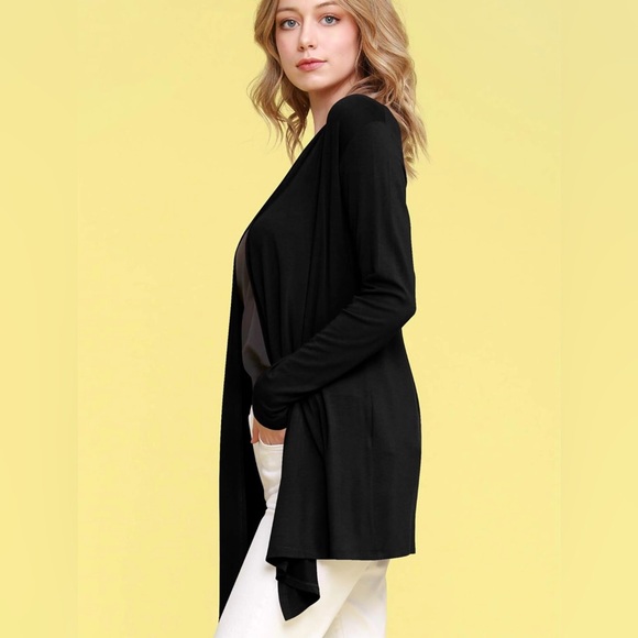 Draped Front Open Cardigan Casual Long Sleeve Lightweight Cardigan -black - Picture 4 of 6